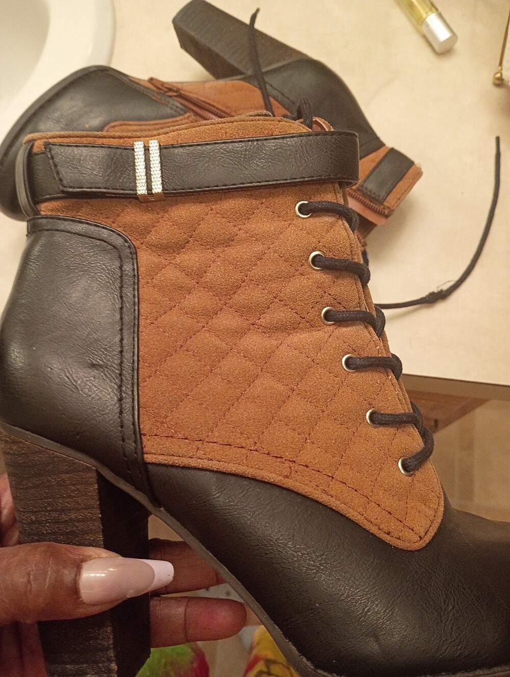 Quilted Tan and Black Lace-Up Ankle Boots with Block Heel